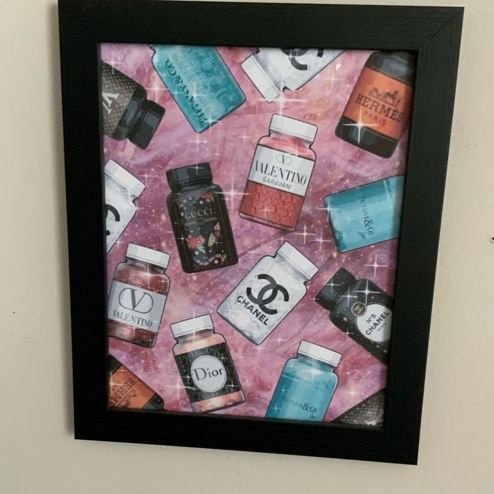 Handmade Upcycled Luxury Fashion Pill Collage – 9.5”x11.5” – Black Frame
